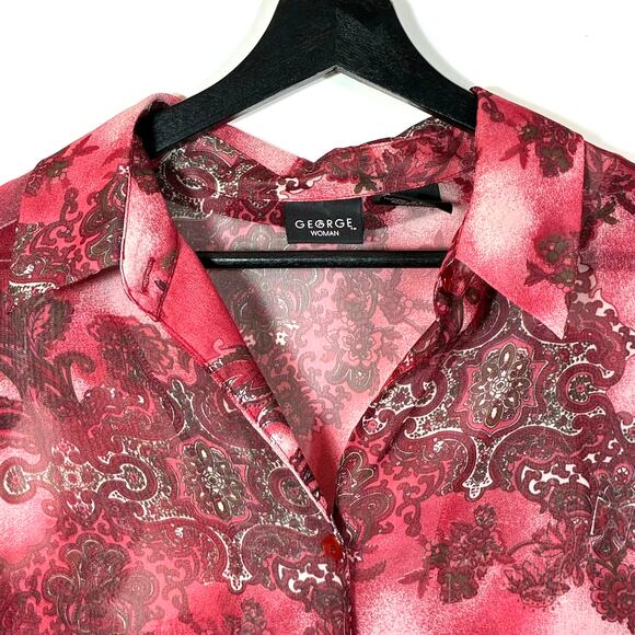 Sheer Top Paisley Red Pink 3/4 Sleeve Button Collar 14 16 W George Retro - Picture 3 of 13
